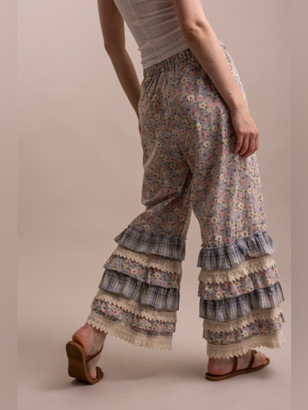 Bluevelvet washed blue floral embroidered patchwork ruffle bohemian boho pant - Picture 4 of 4